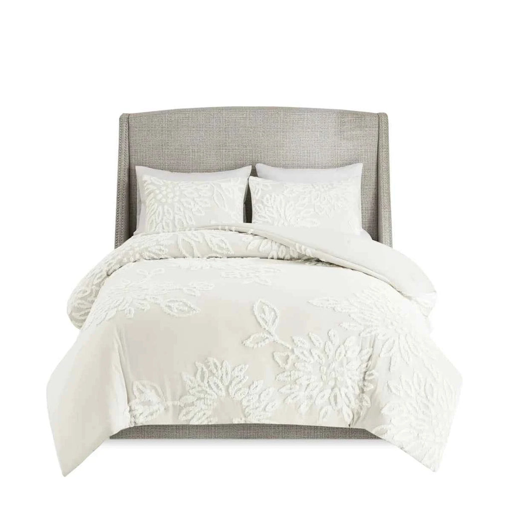 3-Piece Warm Grey and White Cotton Chenille Floral Comforter Set - Shabby Chic King Bedding with Pillow Shams