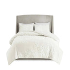 3-Piece Warm Grey and White Cotton Chenille Floral Comforter Set - Shabby Chic King Bedding with Pillow Shams