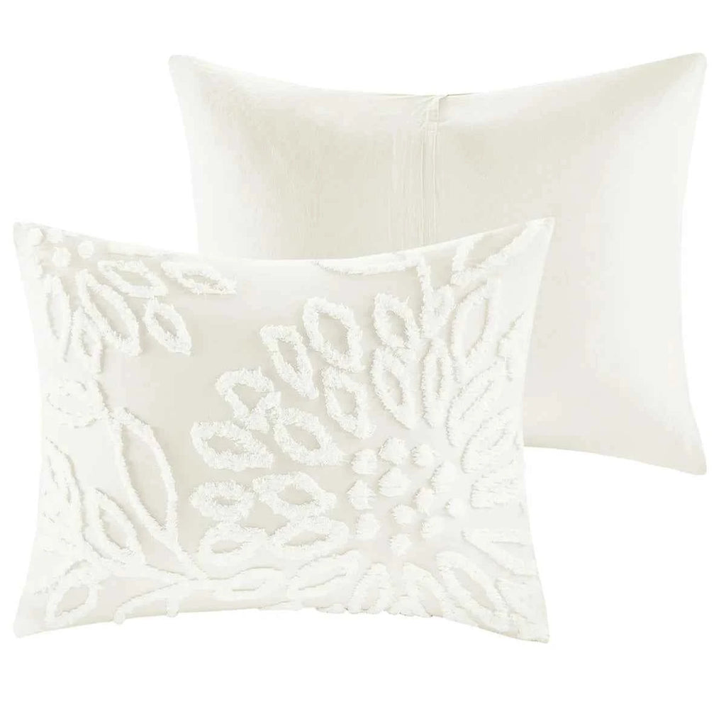 3-Piece Warm Grey and White Cotton Chenille Floral Comforter Set - Shabby Chic King Bedding with Pillow Shams