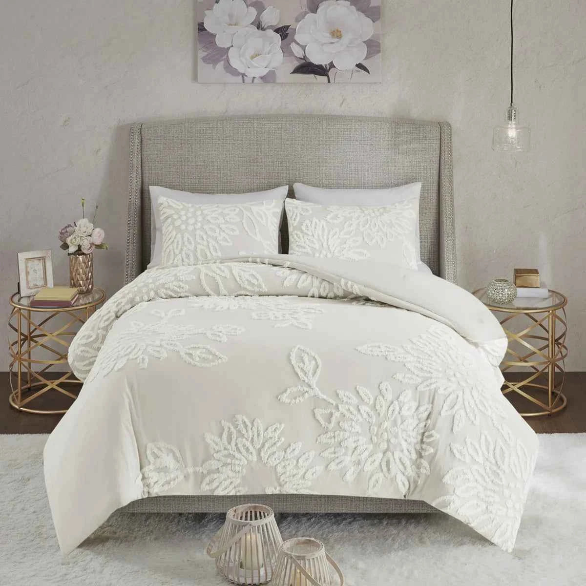3-Piece Warm Grey and White Cotton Chenille Floral Comforter Set - Shabby Chic King Bedding with Pillow Shams