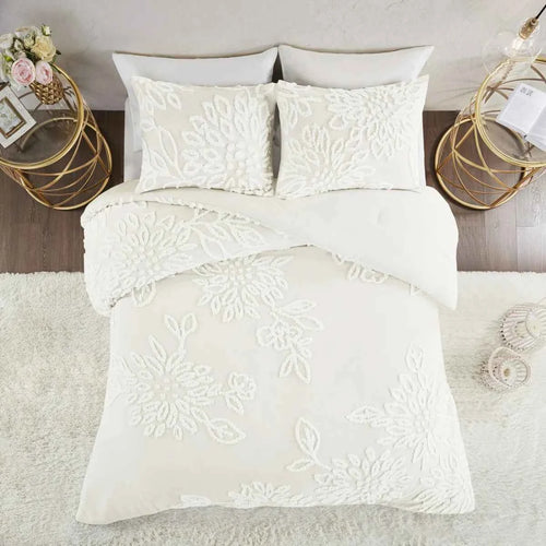 3-Piece Warm Grey and White Cotton Chenille Floral Comforter Set - Shabby Chic King Bedding with Pillow Shams