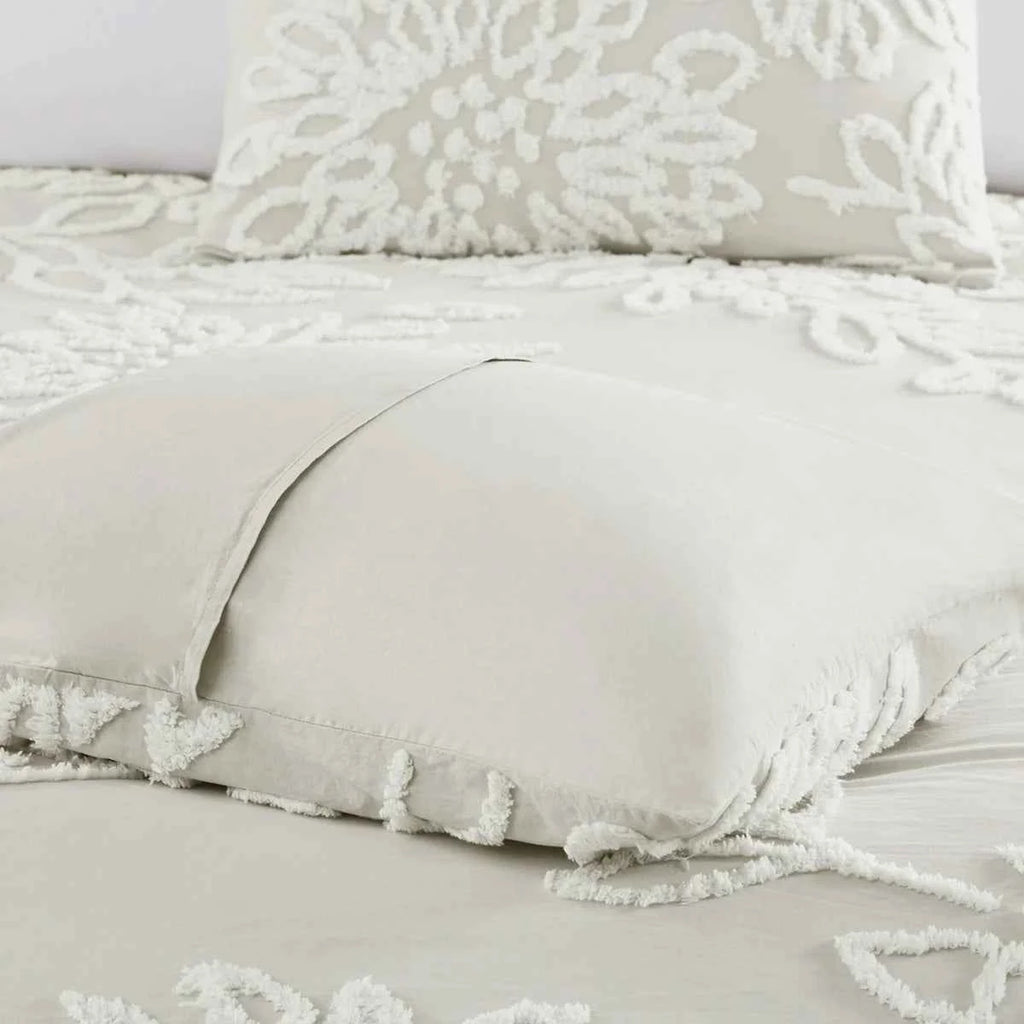 3-Piece Warm Grey and White Cotton Chenille Floral Comforter Set - Shabby Chic King Bedding with Pillow Shams