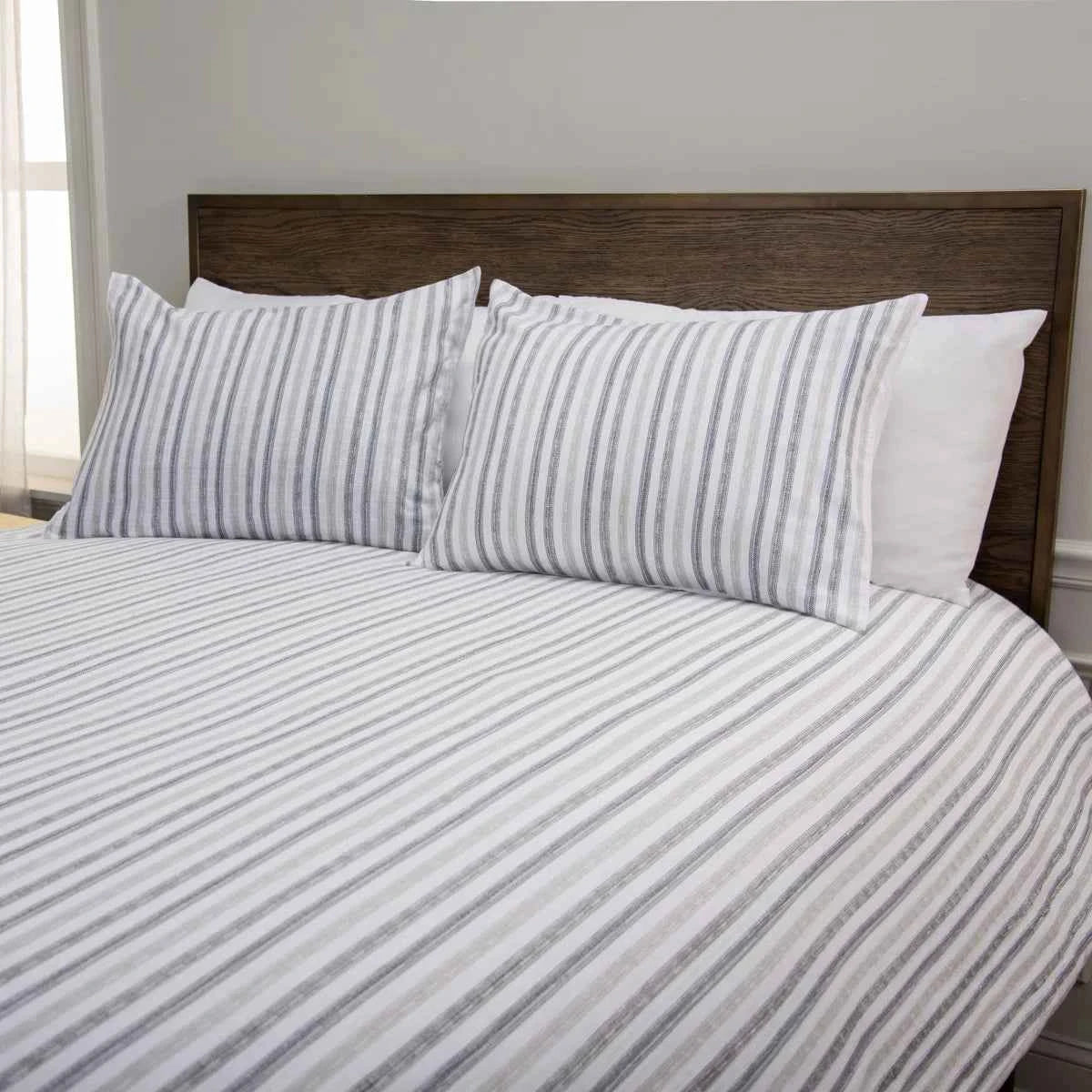 3-Piece Cotton Slub Striped Duvet-Style Comforter Set - Soft Blue and Natural Coastal Bedding with Pillow Shams