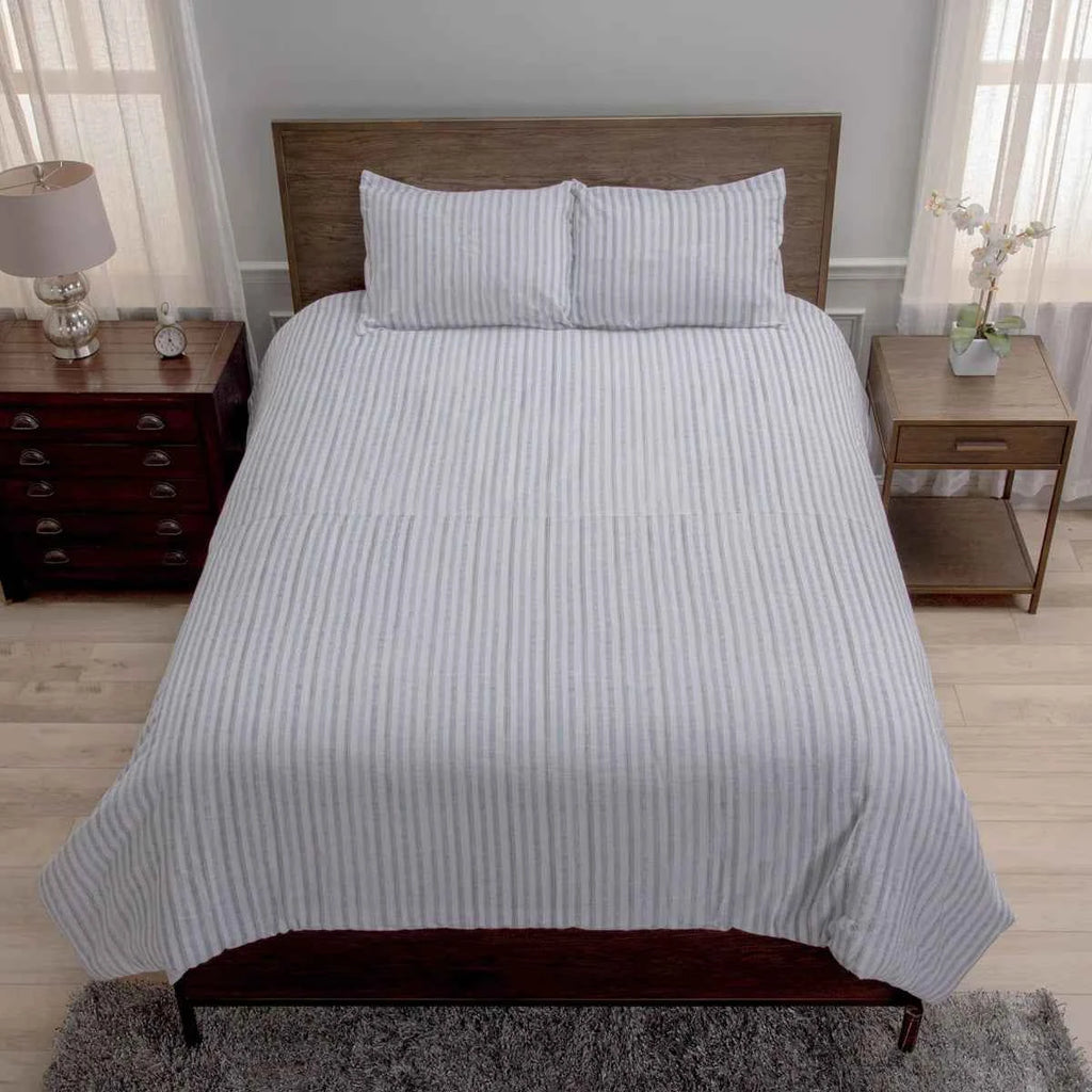 3-Piece Cotton Slub Striped Duvet-Style Comforter Set - Soft Blue and Natural Coastal Bedding with Pillow Shams