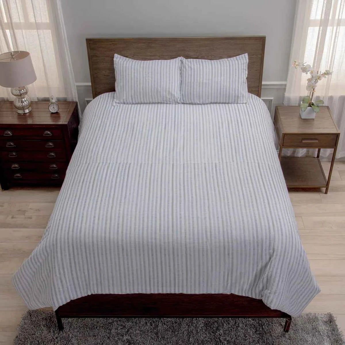 3-Piece Cotton Slub Striped Duvet-Style Comforter Set - Soft Blue and Natural Coastal Bedding with Pillow Shams