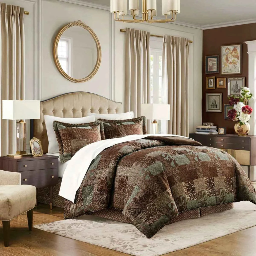 4-Piece Patchwork Chenille Jacquard Comforter Set - Warm Deep-Toned Heavyweight Bedding with Shams and Bed Skirt