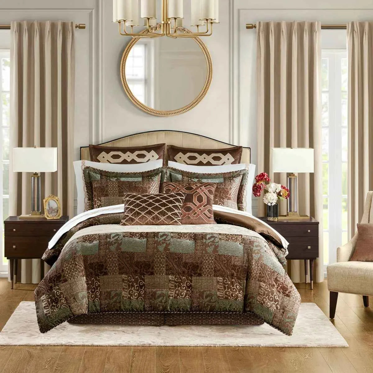 4-Piece Patchwork Chenille Jacquard Comforter Set - Warm Deep-Toned Heavyweight Bedding with Shams and Bed Skirt