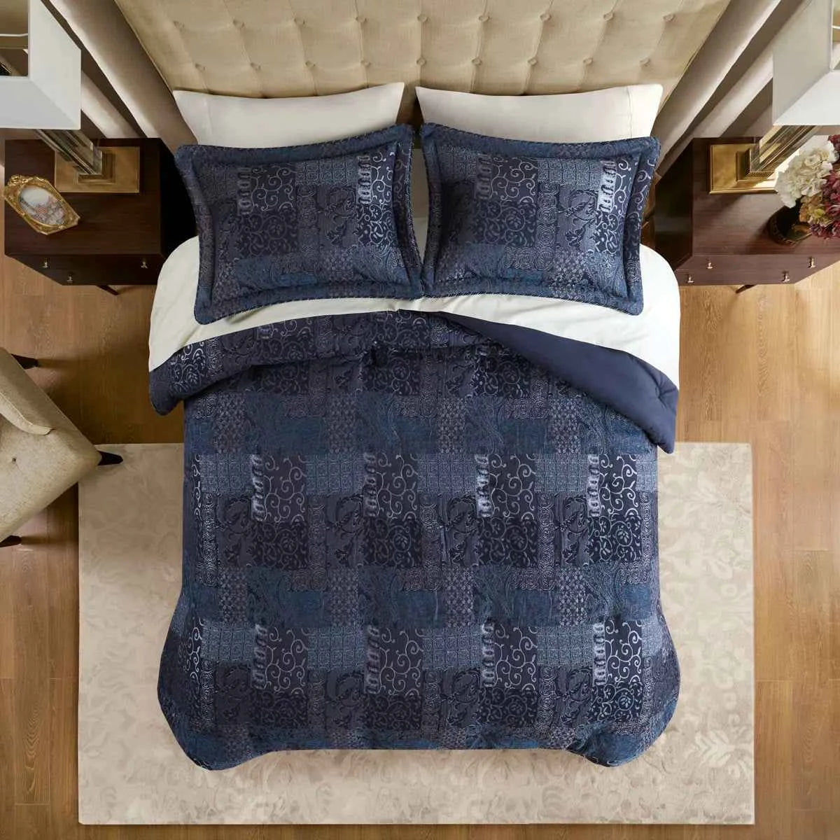 4-Piece Patchwork Chenille Jacquard Comforter Set - Warm Deep-Toned Heavyweight Bedding with Shams and Bed Skirt