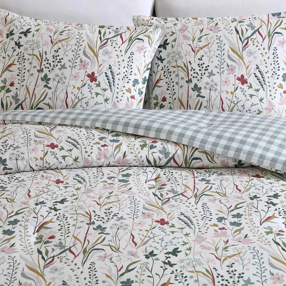 3-Piece Eddie Bauer Woodland Forest Pink Floral Cotton Reversible Comforter Set - Plaid Reverse Bedding with Shams