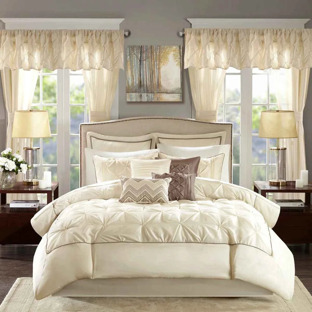 24-Piece Faux Silk Tufted Comforter Set - Complete Bedroom in a Bag with Sheet Set Decor Pillows and Window Drapes