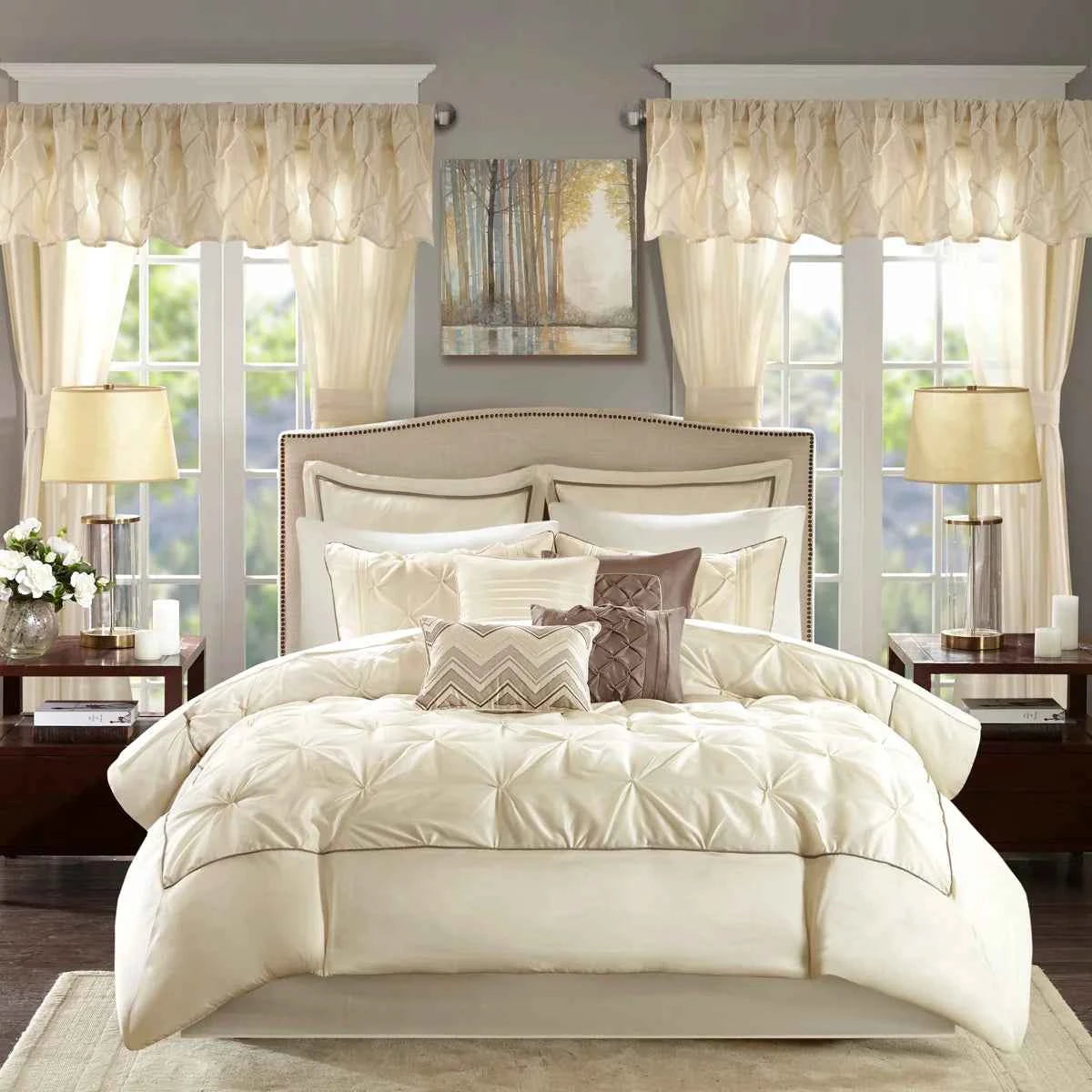 24-Piece Faux Silk Tufted Comforter Set - Complete Bedroom in a Bag with Sheet Set Decor Pillows and Window Drapes