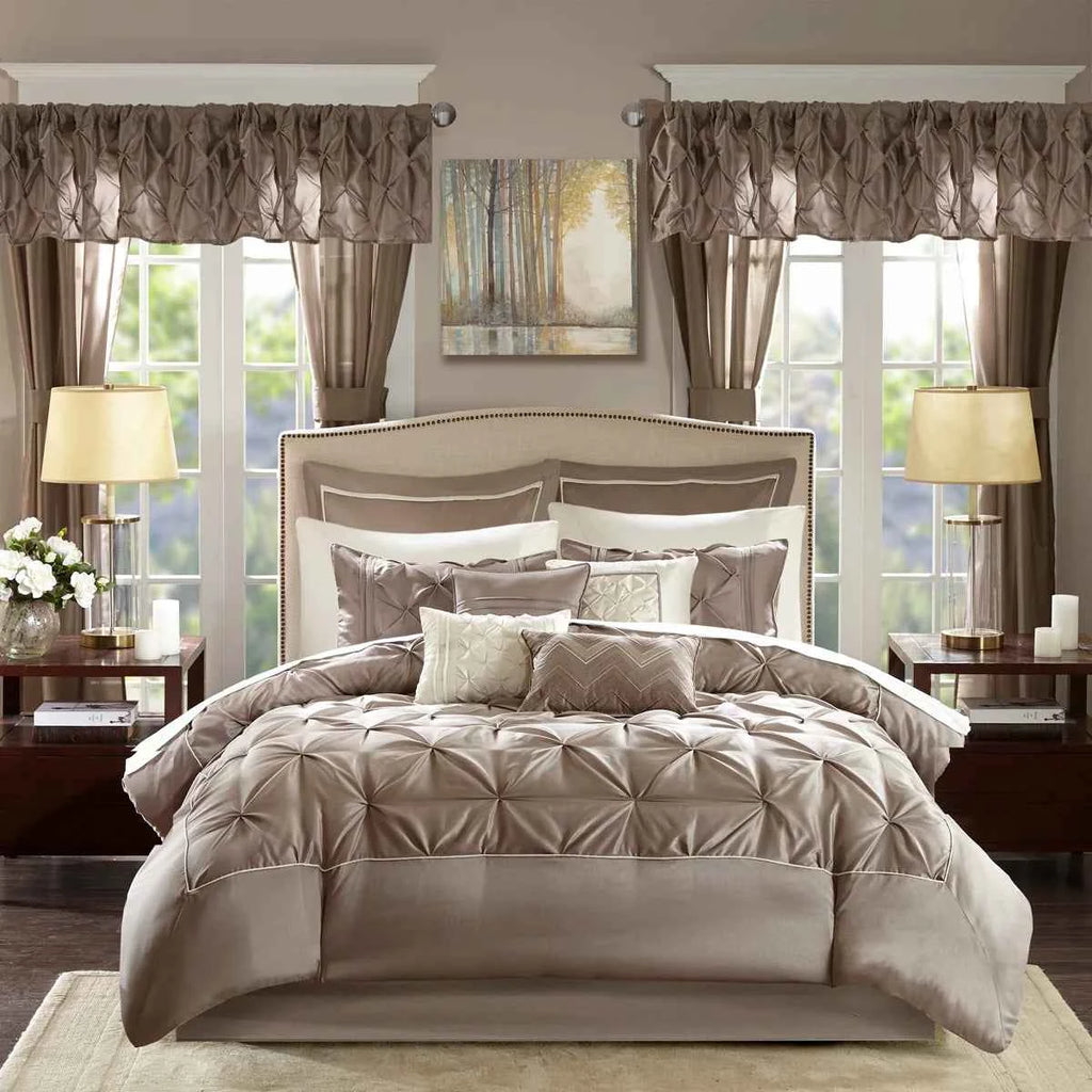 24-Piece Faux Silk Tufted Comforter Set - Complete Bedroom in a Bag with Sheet Set Decor Pillows and Window Drapes