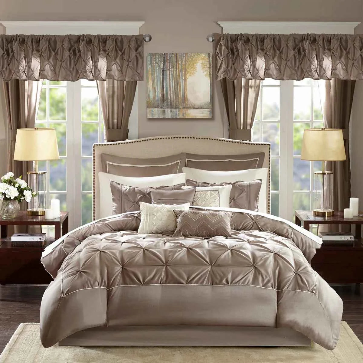 24-Piece Faux Silk Tufted Comforter Set - Complete Bedroom in a Bag with Sheet Set Decor Pillows and Window Drapes