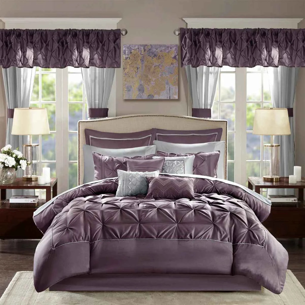 24-Piece Faux Silk Tufted Comforter Set - Complete Bedroom in a Bag with Sheet Set Decor Pillows and Window Drapes