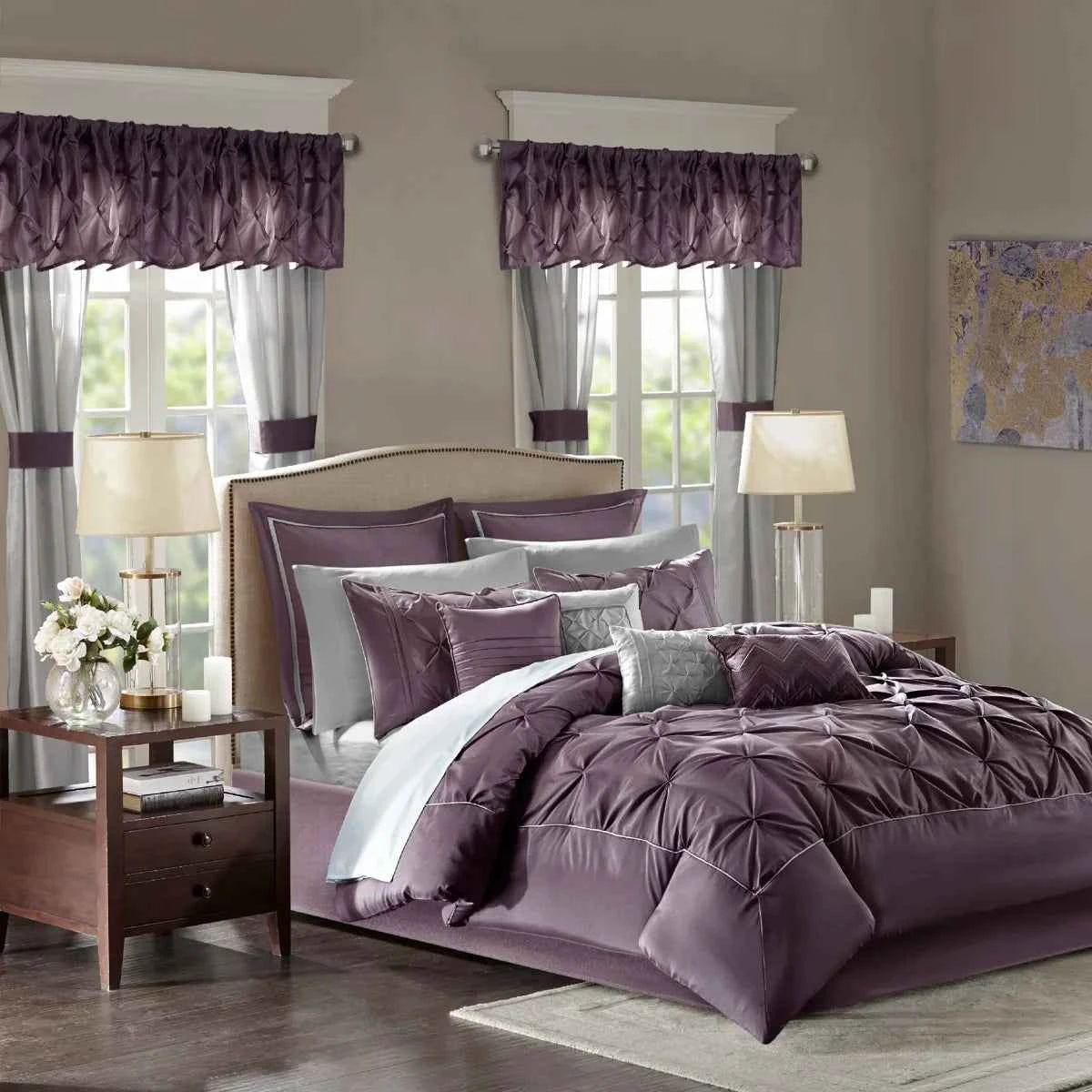 24-Piece Faux Silk Tufted Comforter Set - Complete Bedroom in a Bag with Sheet Set Decor Pillows and Window Drapes
