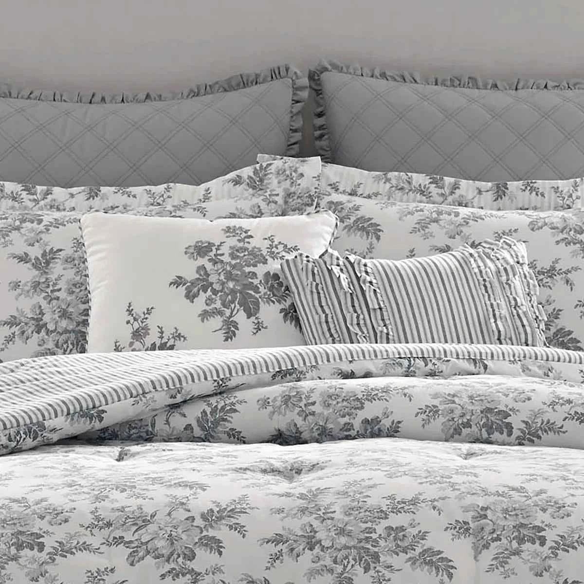 6-Piece Reversible Cotton Comforter Set - Floral Bedding with Matching Shams and Decorative Pillows