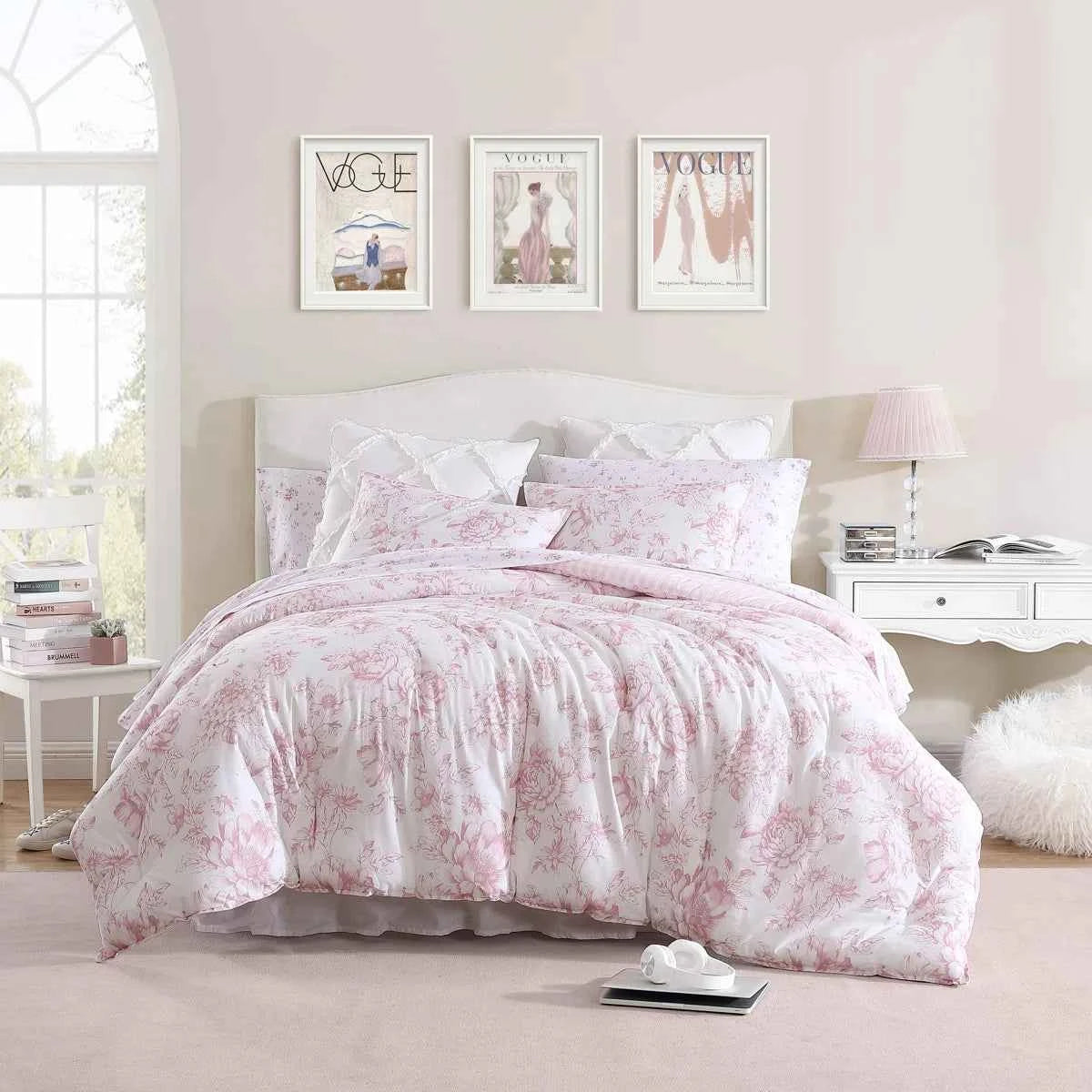 3-Piece Laura Ashley Delphine Pink Reversible Floral Cotton Comforter Set - Oversized Flower Print Bedding with Shams