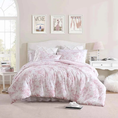 3-Piece Laura Ashley Delphine Pink Reversible Floral Cotton Comforter Set - Oversized Flower Print Bedding with Shams