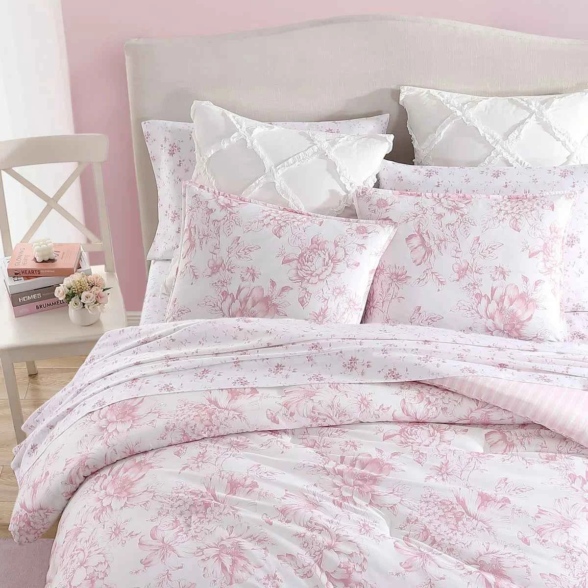 3-Piece Laura Ashley Delphine Pink Reversible Floral Cotton Comforter Set - Oversized Flower Print Bedding with Shams