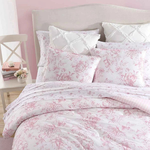 3-Piece Laura Ashley Delphine Pink Reversible Floral Cotton Comforter Set - Oversized Flower Print Bedding with Shams