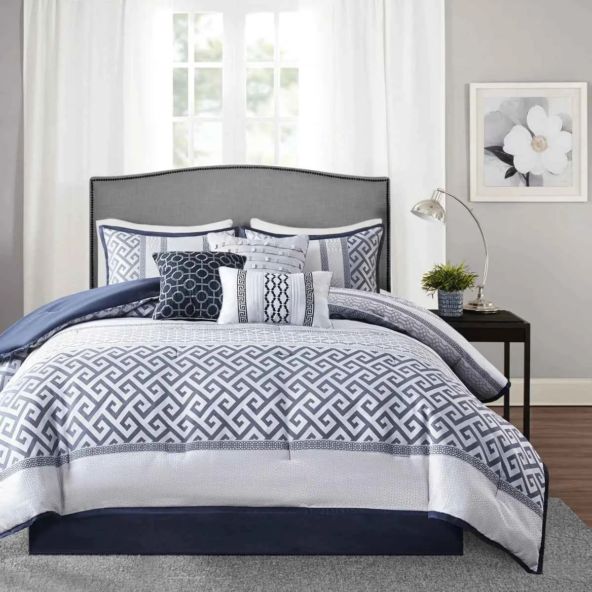 7-Piece Navy Blue Traditional Geometric King Comforter Set - Complete Bedding Ensemble with Pillows and Bed Skirt