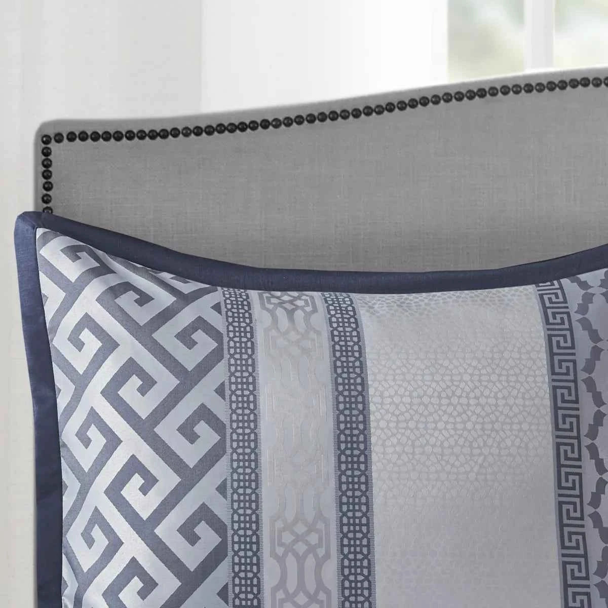 7-Piece Navy Blue Traditional Geometric King Comforter Set - Complete Bedding Ensemble with Pillows and Bed Skirt