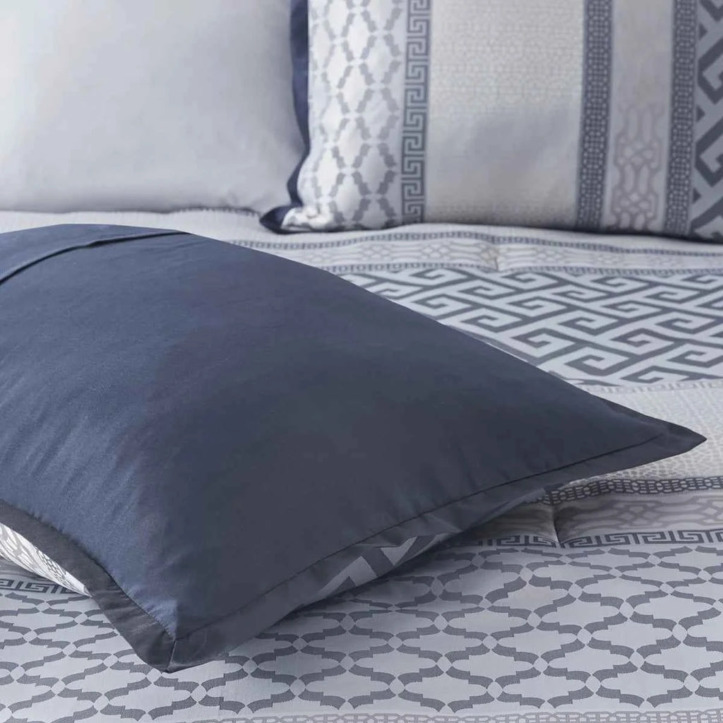 7-Piece Navy Blue Traditional Geometric King Comforter Set - Complete Bedding Ensemble with Pillows and Bed Skirt