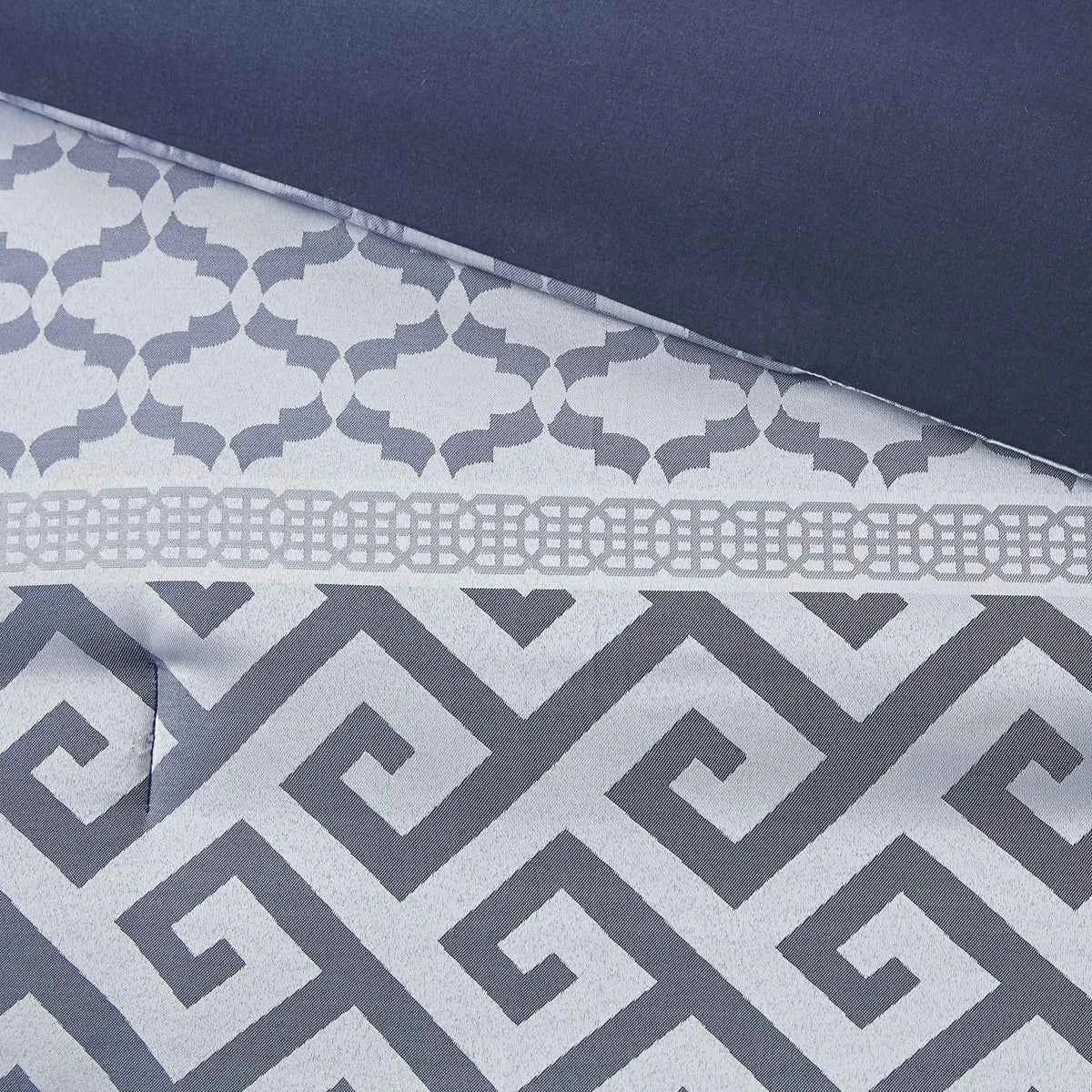 7-Piece Navy Blue Traditional Geometric King Comforter Set - Complete Bedding Ensemble with Pillows and Bed Skirt