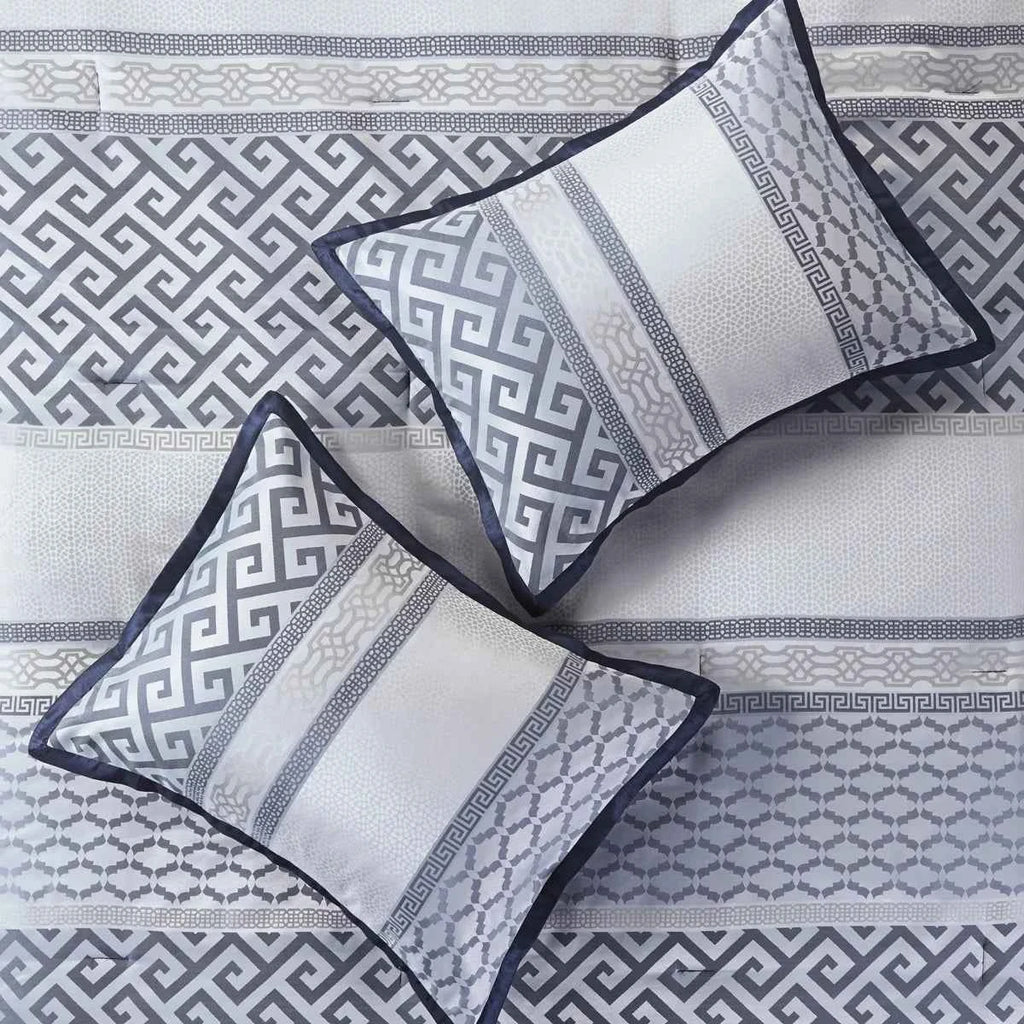 7-Piece Navy Blue Traditional Geometric King Comforter Set - Complete Bedding Ensemble with Pillows and Bed Skirt
