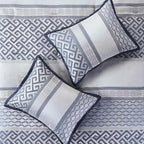7-Piece Navy Blue Traditional Geometric King Comforter Set - Complete Bedding Ensemble with Pillows and Bed Skirt