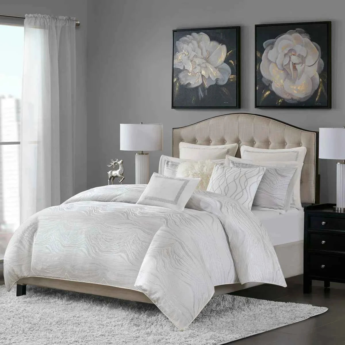 8-Piece Metallic Detailed Reversible Comforter Set with Removable Insert - White Glam Bedding with Euro Shams