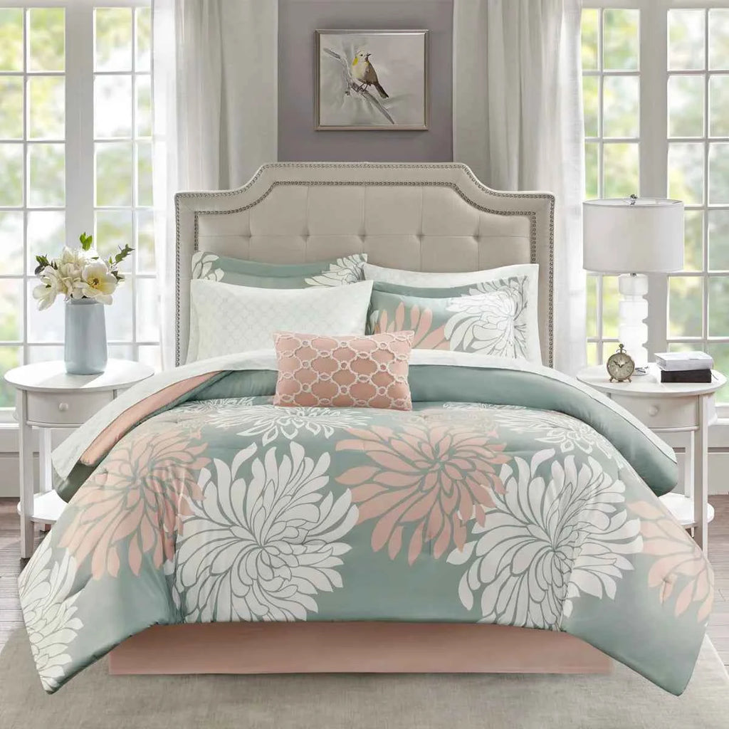 Complete Maible Floral Microfiber Comforter and Cotton Sheet Set - Bed in a Bag with Bed Skirt and Accent Pillow