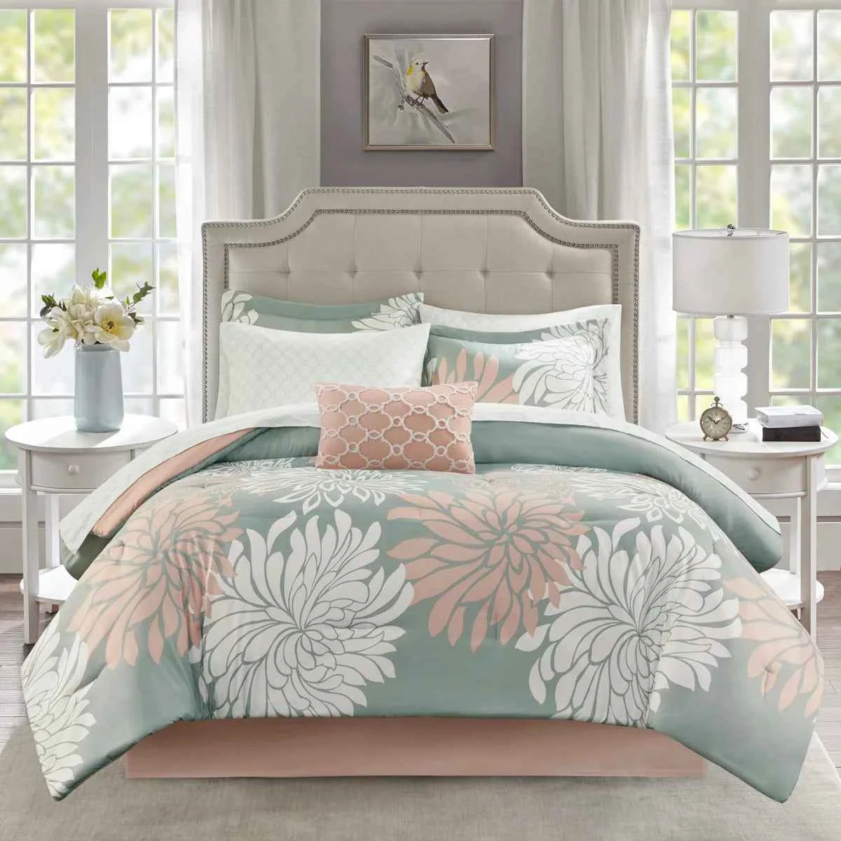 Complete Maible Floral Microfiber Comforter and Cotton Sheet Set - Bed in a Bag with Bed Skirt and Accent Pillow