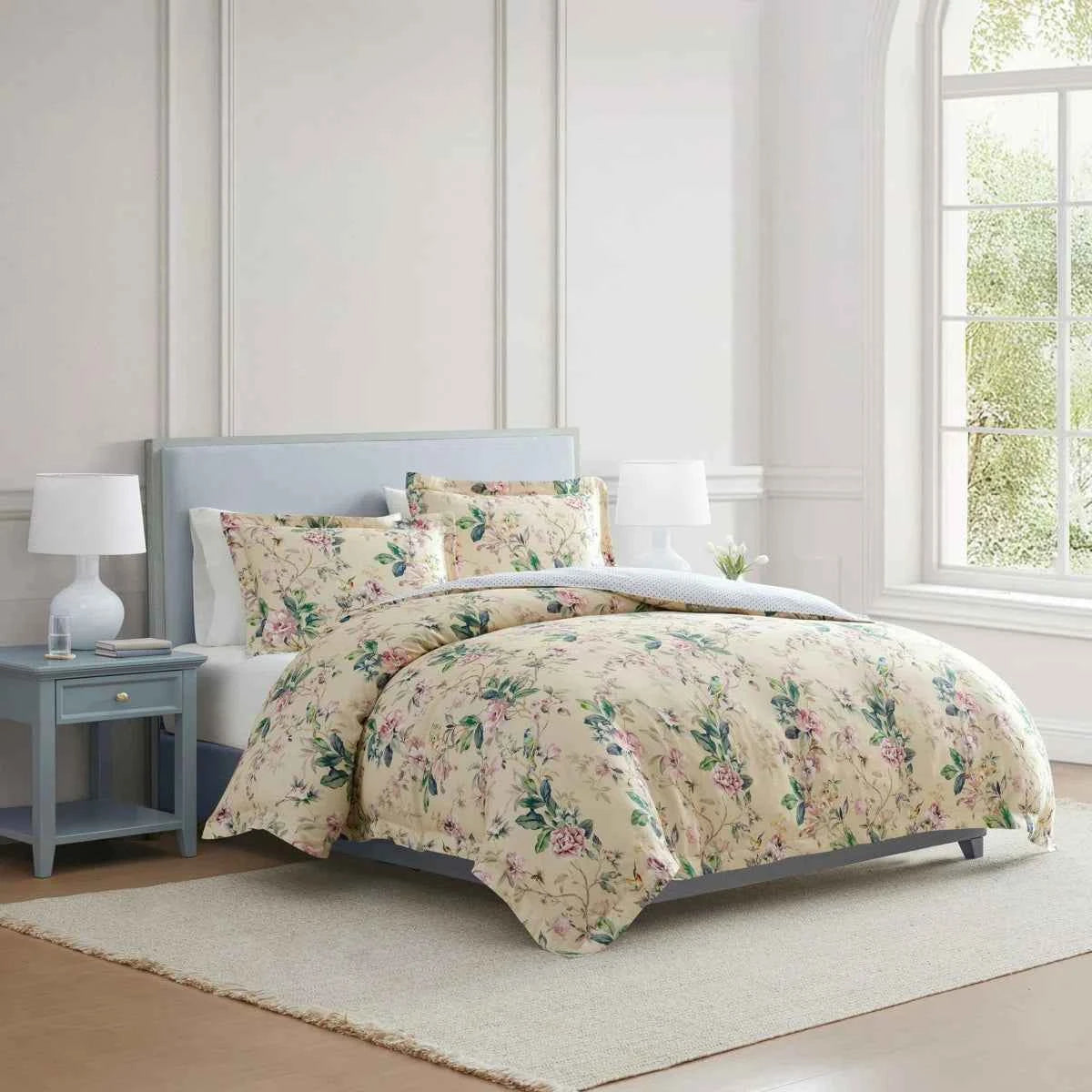 Songbird 100% Cotton Sateen Reversible Floral Comforter Set - Soft Pink Blue and Green Bedding with Pillow Shams
