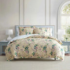 Songbird 100% Cotton Sateen Reversible Floral Comforter Set - Soft Pink Blue and Green Bedding with Pillow Shams