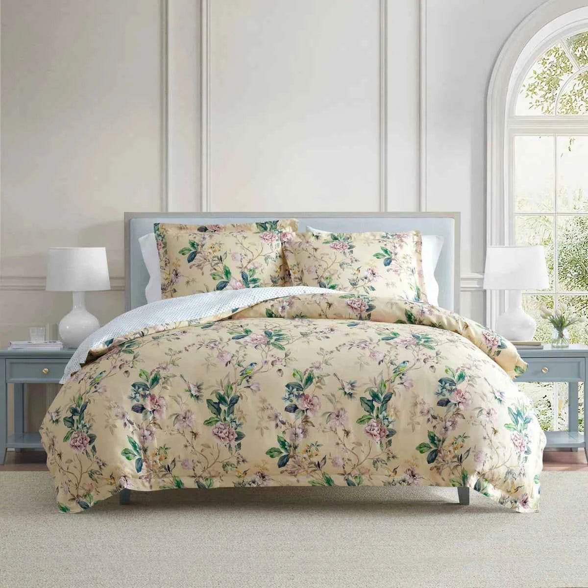 Songbird 100% Cotton Sateen Reversible Floral Comforter Set - Soft Pink Blue and Green Bedding with Pillow Shams