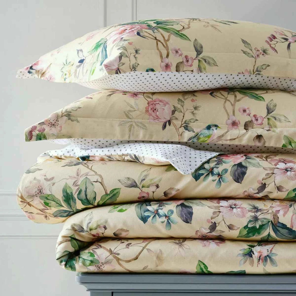 Songbird 100% Cotton Sateen Reversible Floral Comforter Set - Soft Pink Blue and Green Bedding with Pillow Shams