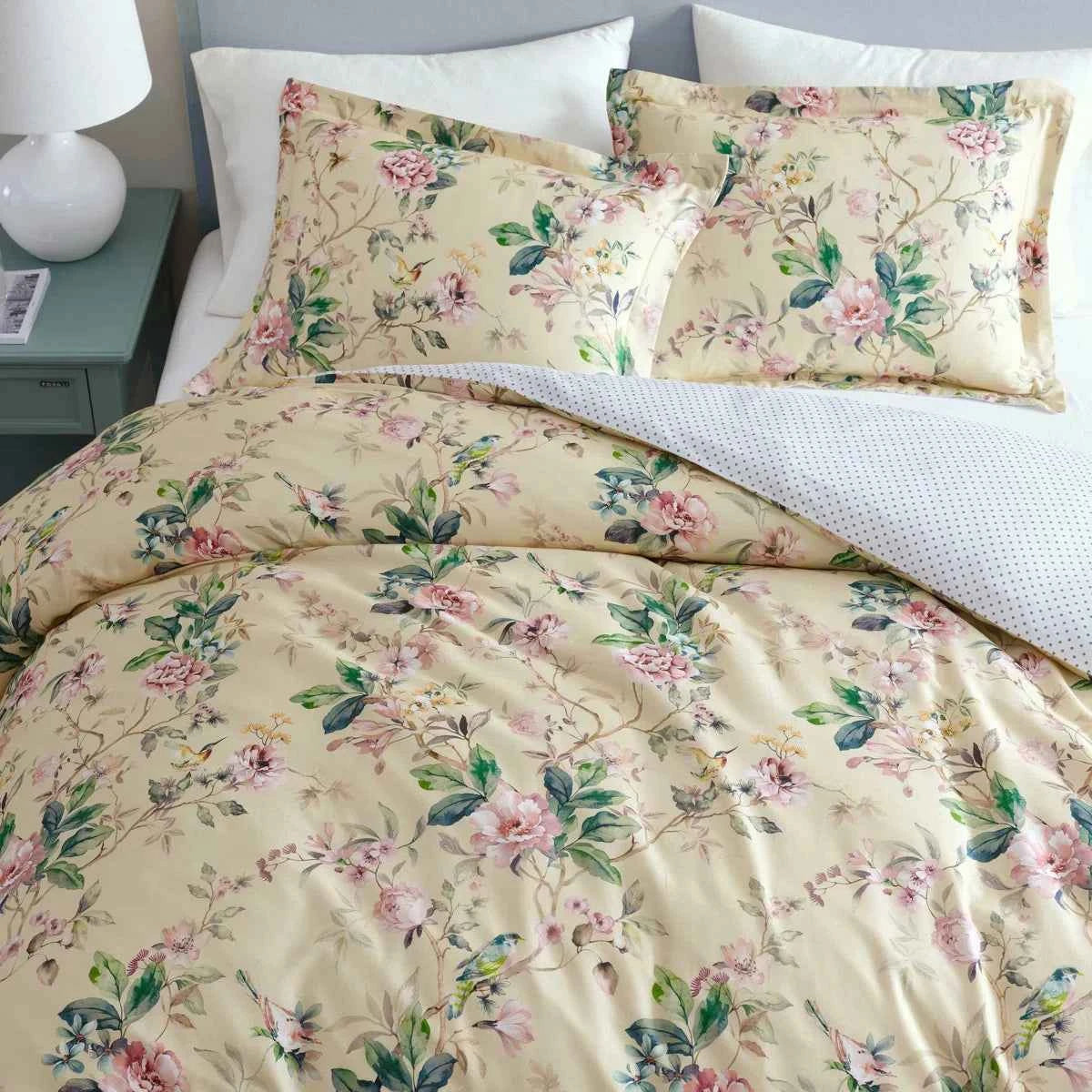 Songbird 100% Cotton Sateen Reversible Floral Comforter Set - Soft Pink Blue and Green Bedding with Pillow Shams