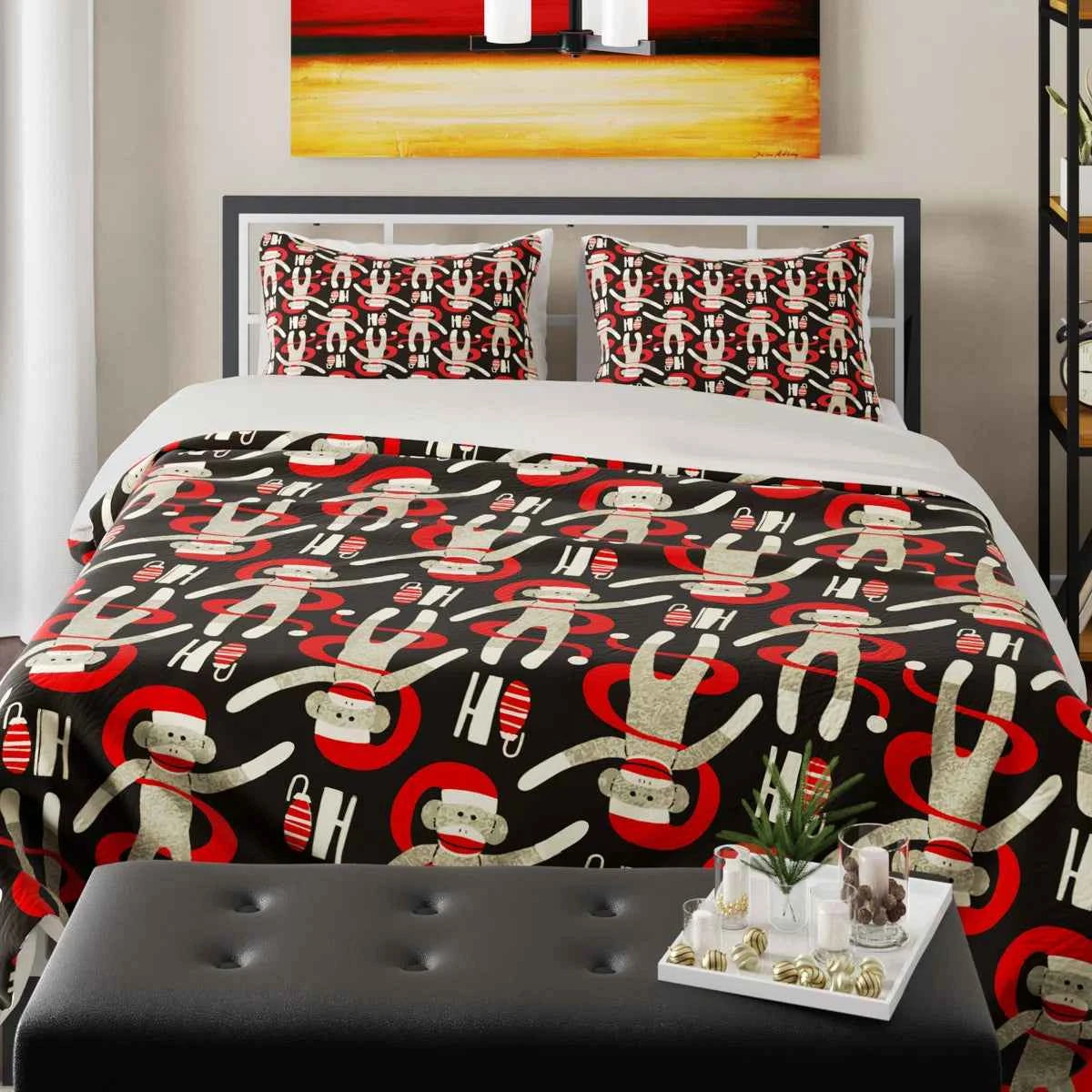Holiday Sock Monkey Printed Polyester Comforter Set - Christmas Bedding with Cream Backing