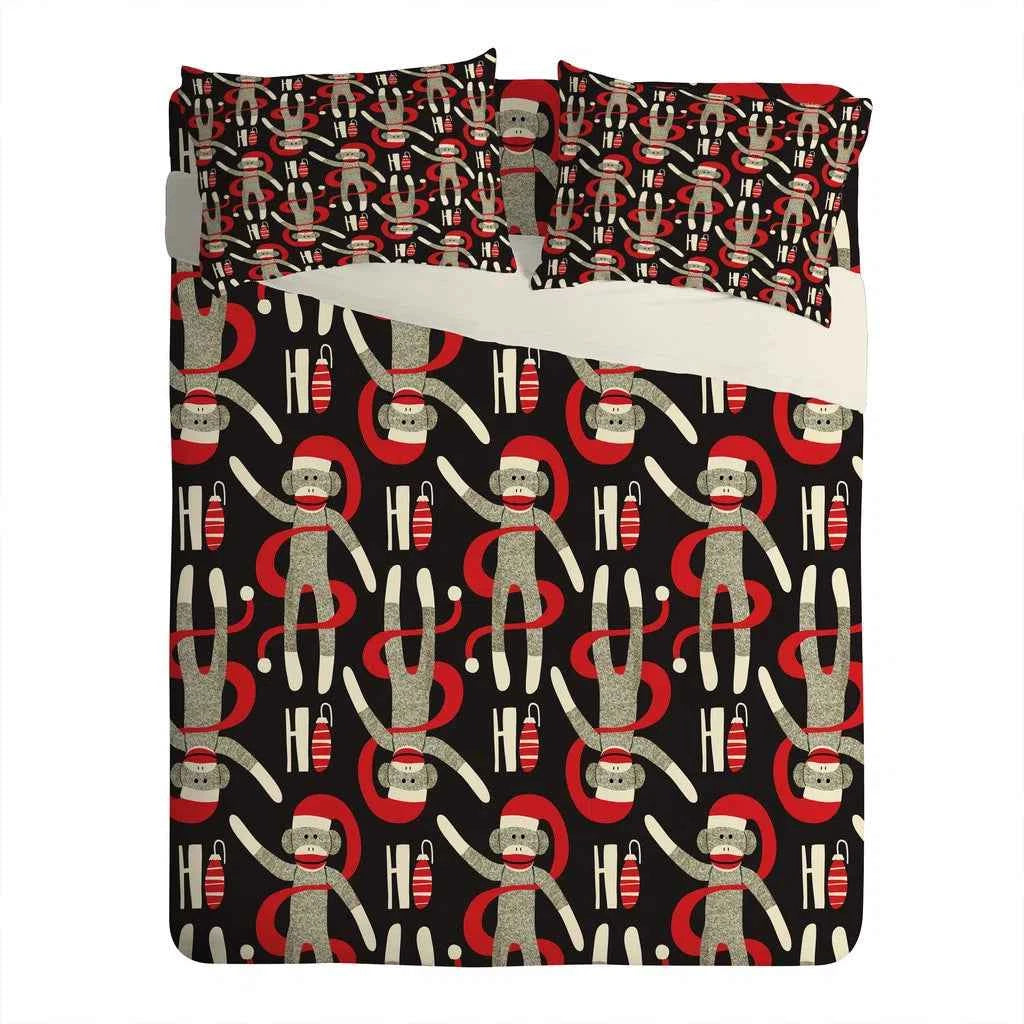 Holiday Sock Monkey Printed Polyester Comforter Set - Christmas Bedding with Cream Backing
