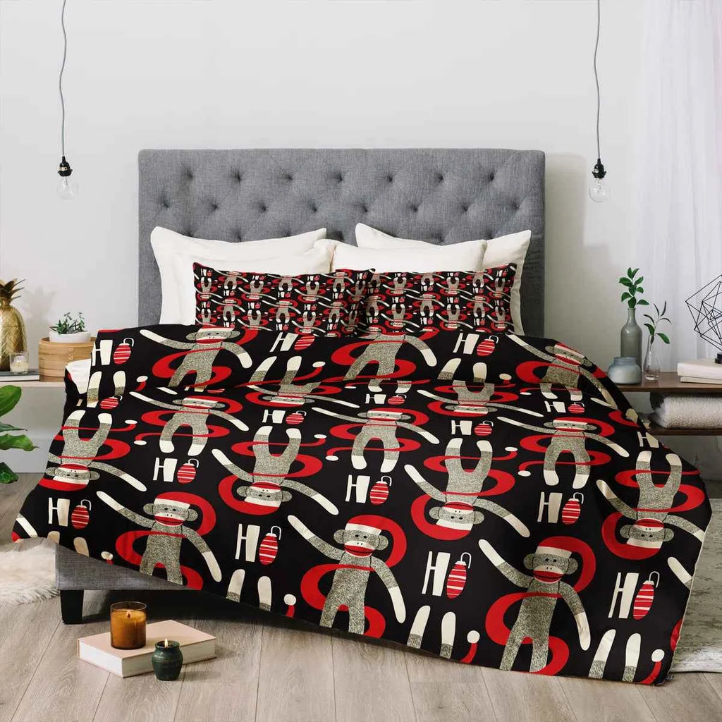 Holiday Sock Monkey Printed Polyester Comforter Set - Christmas Bedding with Cream Backing