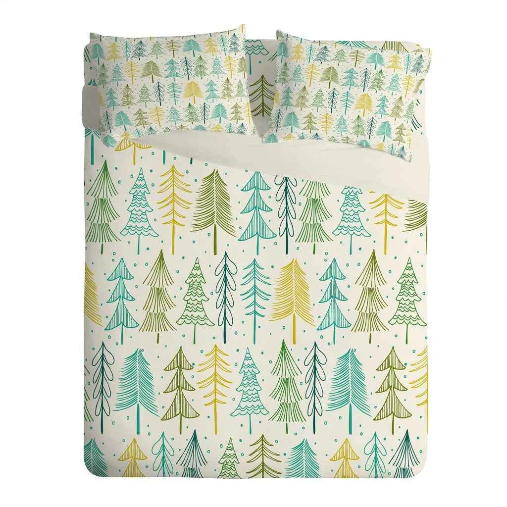 Green & Gold Pine Tree Pattern Printed Polyester Comforter Set - Modern Forest Bedding with Cream Backing