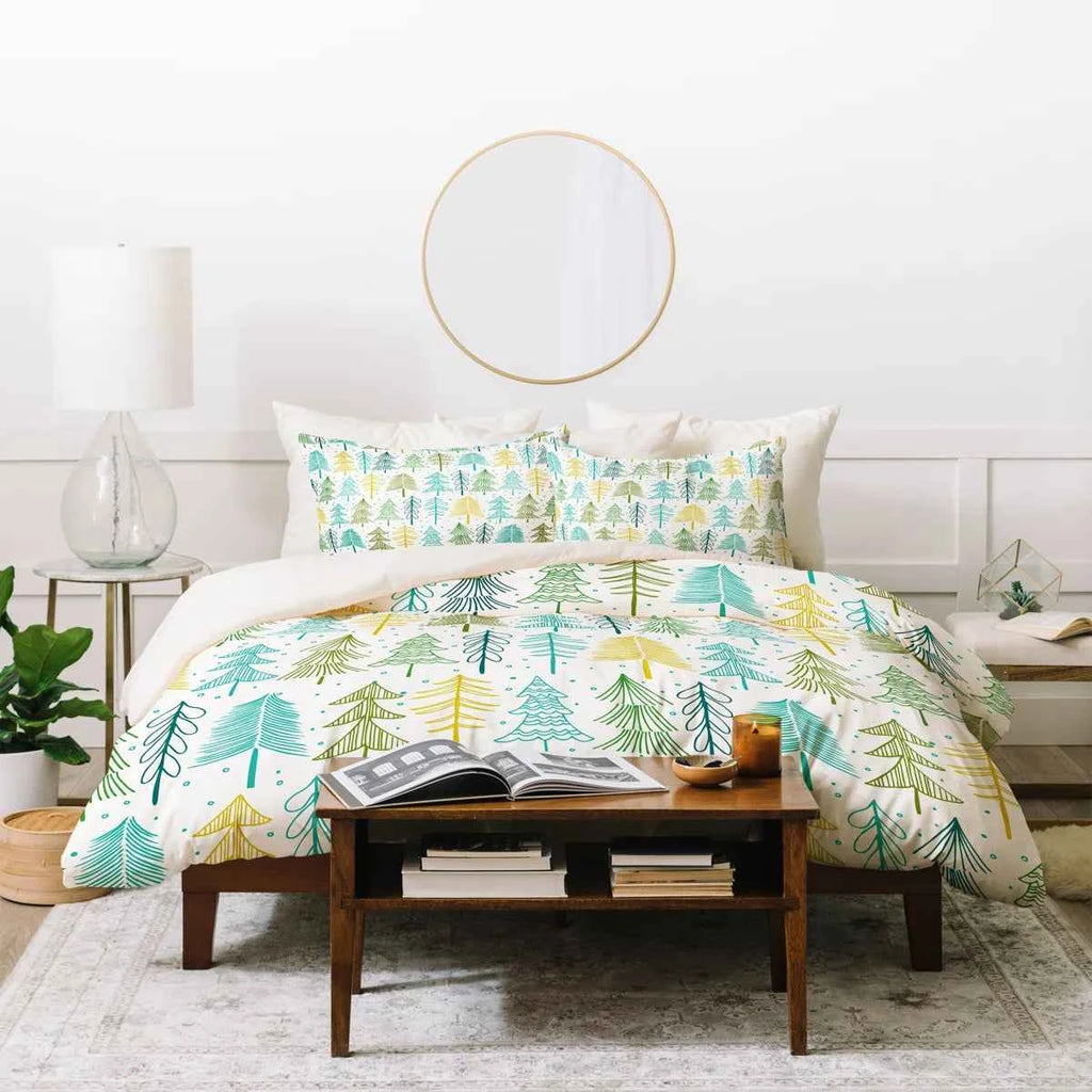 Green & Gold Pine Tree Pattern Printed Polyester Comforter Set - Modern Forest Bedding with Cream Backing