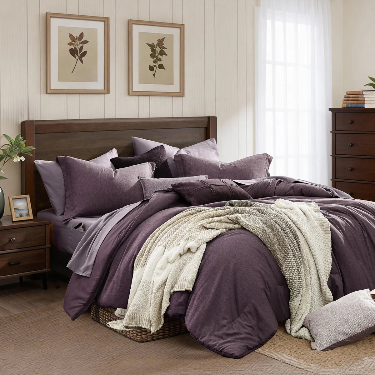 7-Piece Monbix Super King Comforter Set Italian Plum - Reversible Cationic Dyed Bed in a Bag with Sheets and Shams - Lesvorace