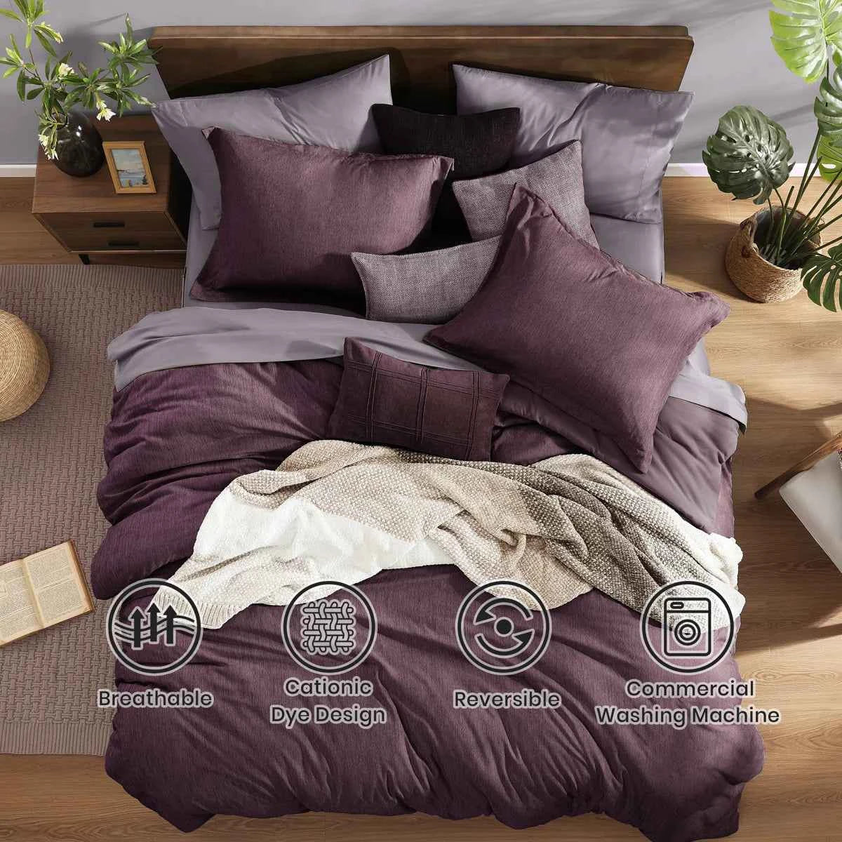 7-Piece Monbix Super King Comforter Set Italian Plum - Reversible Cationic Dyed Bed in a Bag with Sheets and Shams - Lesvorace
