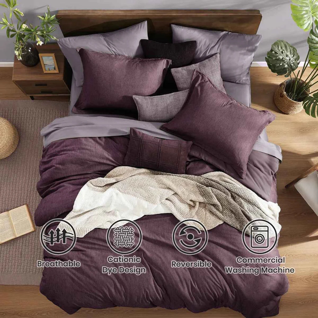 7-Piece Monbix Super King Comforter Set Italian Plum - Reversible Cationic Dyed Bed in a Bag with Sheets and Shams