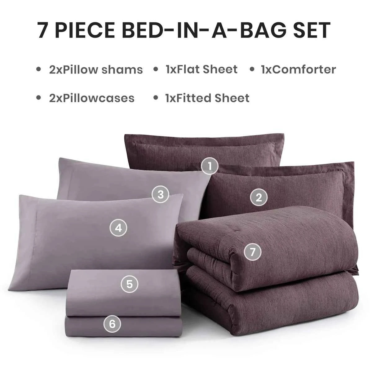 7-Piece Monbix Super King Comforter Set Italian Plum - Reversible Cationic Dyed Bed in a Bag with Sheets and Shams - Lesvorace