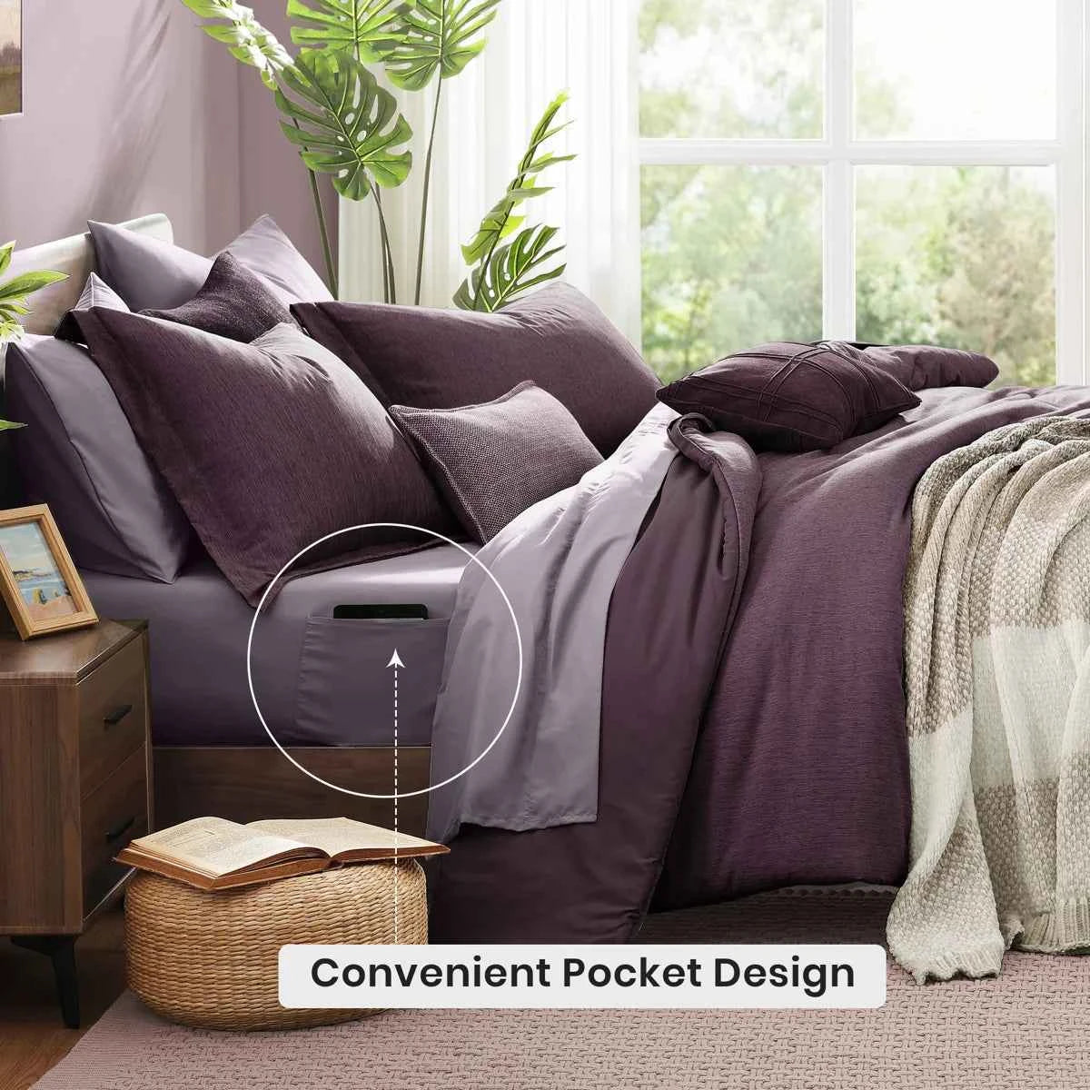 7-Piece Monbix Super King Comforter Set Italian Plum - Reversible Cationic Dyed Bed in a Bag with Sheets and Shams - Lesvorace