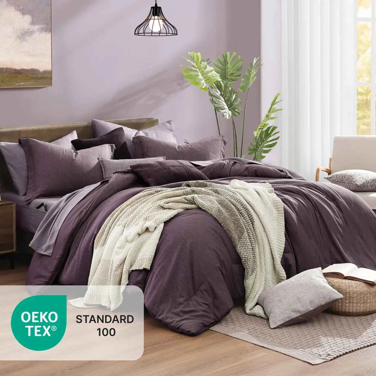 7-Piece Monbix Super King Comforter Set Italian Plum - Reversible Cationic Dyed Bed in a Bag with Sheets and Shams - Lesvorace