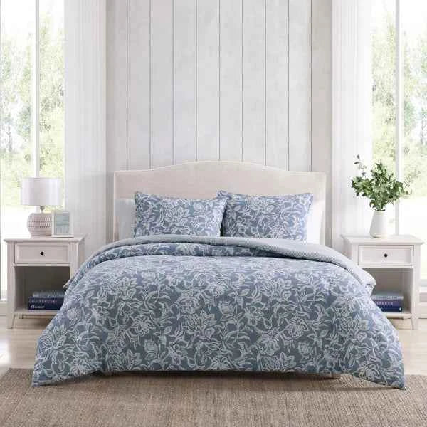 Tortola Reversible Cotton Slub Comforter Set - Printed Painterly Floral Bedding with Pillow Shams